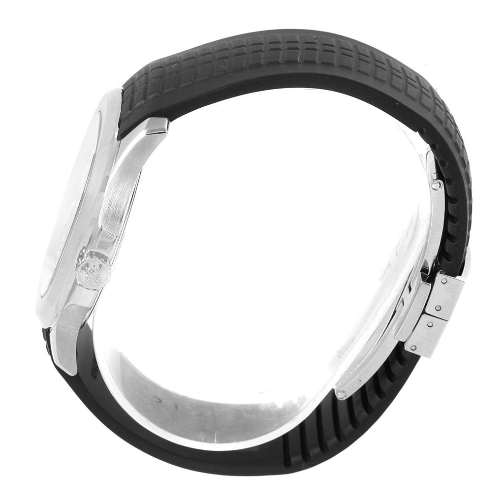 The image shows the Patek Philippe Aquanaut PATEK PHILIPPE Men's Stainless Steel Black Dial PATEK PHILIPPE Men's Stainless Steel Black Dial model watch from a side view, highlighting the case, crown, and rubber strap.