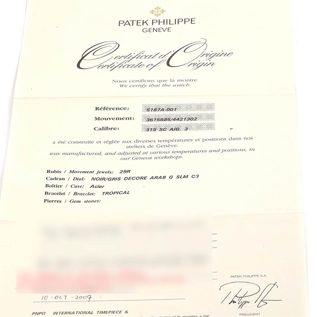 The image shows the Certificate of Origin for the Patek Philippe Aquanaut PATEK PHILIPPE Men's Stainless Steel Black Dial PATEK PHILIPPE Men's Stainless Steel Black Dial model 5167A-001.