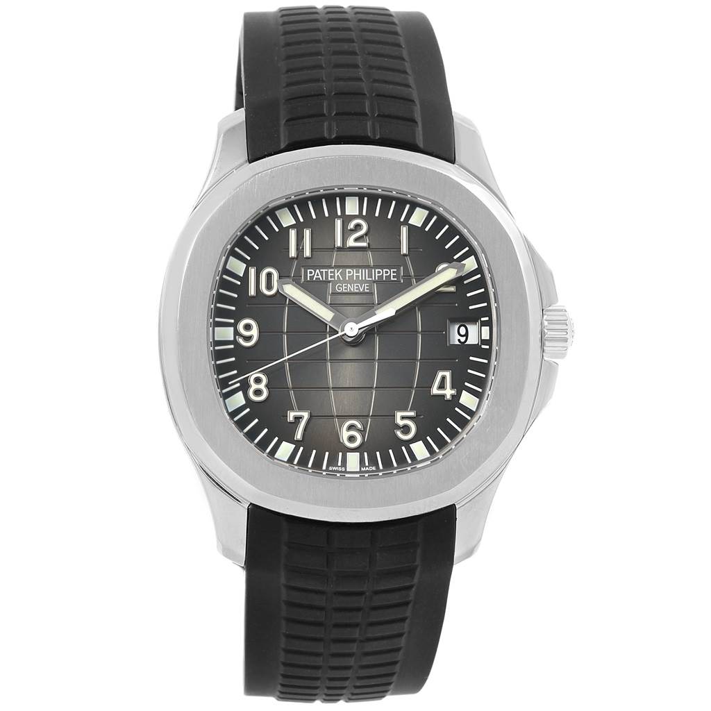 The image shows a frontal view of a Patek Philippe Aquanaut PATEK PHILIPPE Men's Stainless Steel Black Dial PATEK PHILIPPE Men's Stainless Steel Black Dial watch, highlighting the dial, case, and rubber strap.