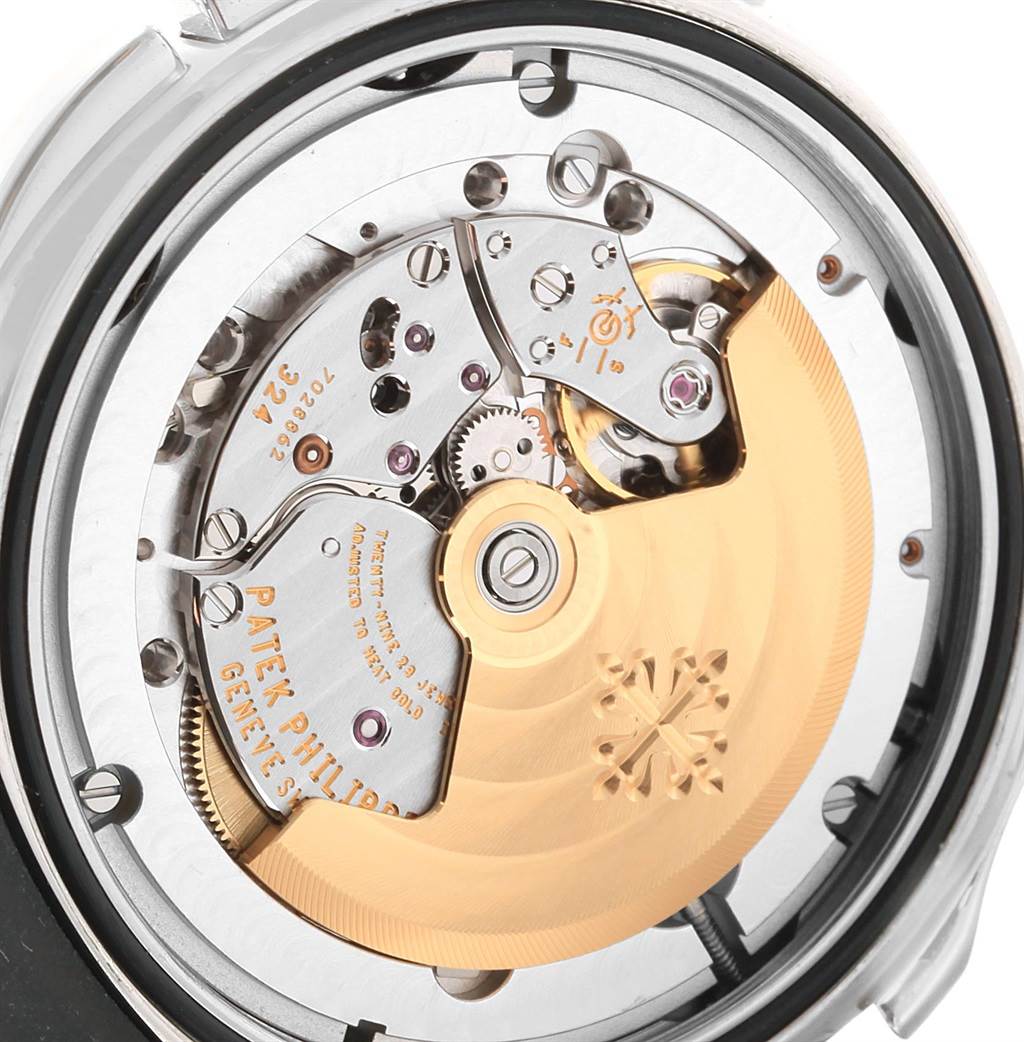 This image shows the intricate internal mechanism of the Patek Philippe Aquanaut 5164A Men's Stainless Steel Black Dial 5164A Men's Stainless Steel Black Dial watch, viewed from the back case.