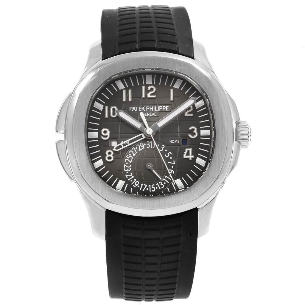 This image shows a front view of the Patek Philippe Aquanaut 5164A Men's Stainless Steel Black Dial 5164A Men's Stainless Steel Black Dial watch, displaying its face and black rubber strap.