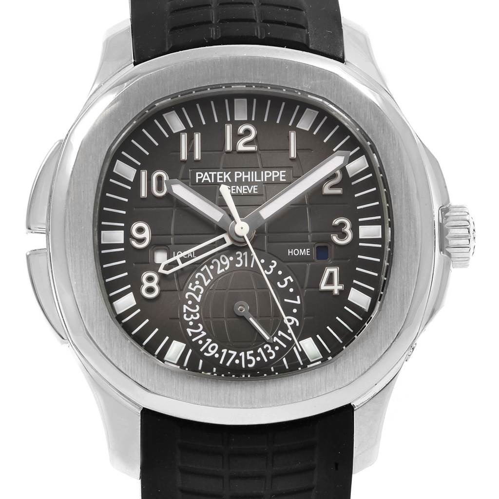 This image shows a front view of the Patek Philippe Aquanaut 5164A Men's Stainless Steel Black Dial 5164A Men's Stainless Steel Black Dial watch, highlighting its dial, hands, and bezel.