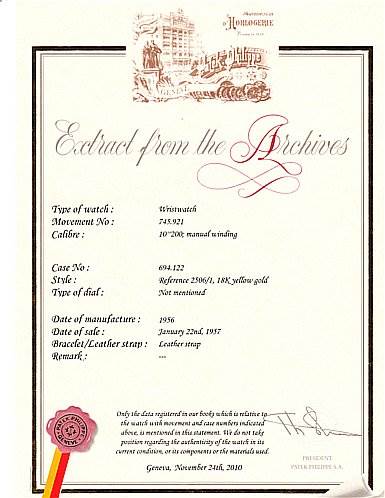 This document is an extract from the archives for a vintage Patek Philippe wristwatch, detailing specifications and sale information.