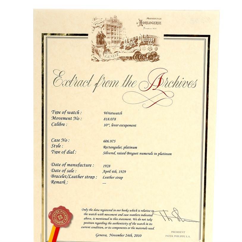 The image shows an archival extract certificate for a vintage Patek Philippe wristwatch, model details included, dated November 24, 2010.