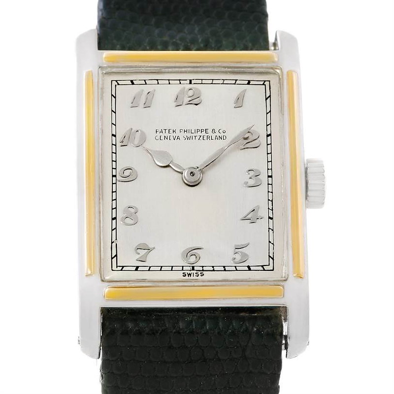 This image shows a frontal view of a vintage Patek Philippe watch featuring a rectangular face and black leather strap.