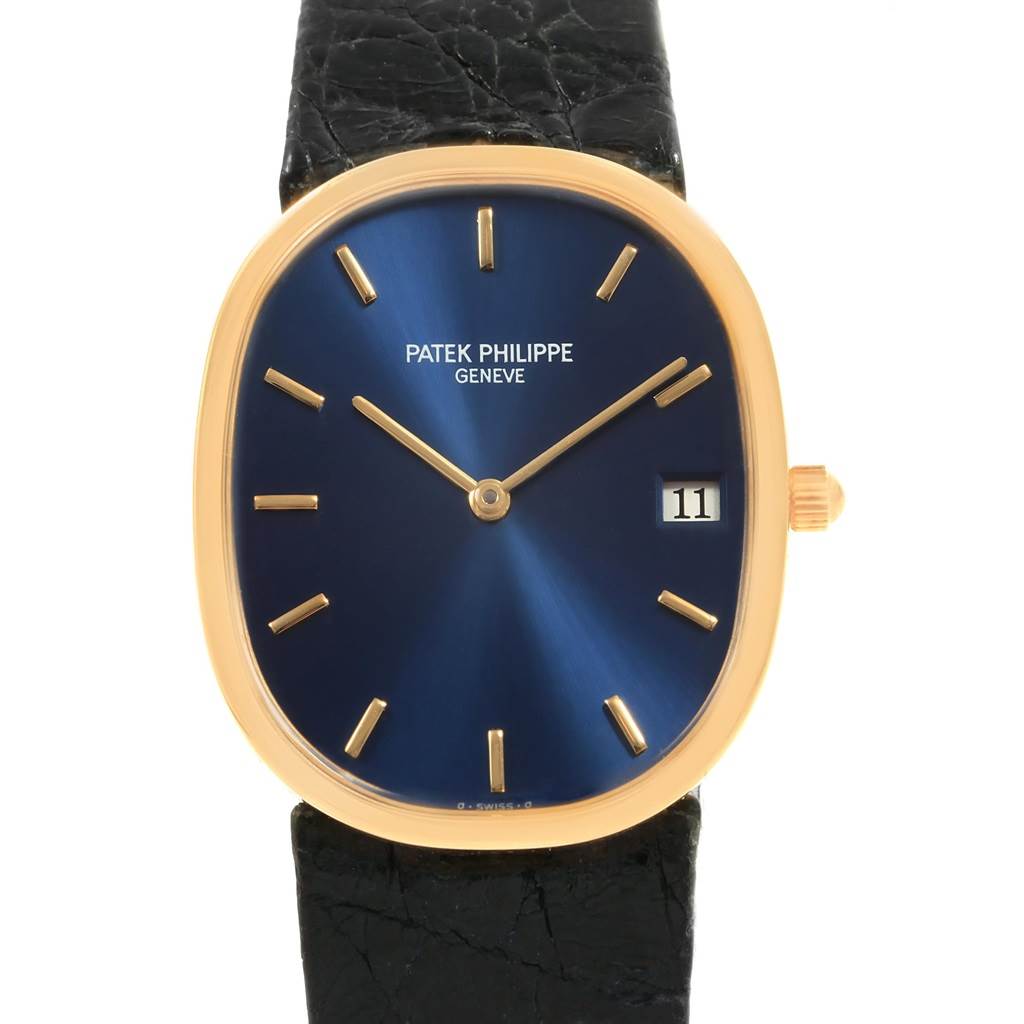 The image shows a front view of the Patek Philippe Golden Ellipse 3788 Men's Yellow Gold Blue Dial 3788 Men's Yellow Gold Blue Dial watch with its face, case, strap, and date display visible.