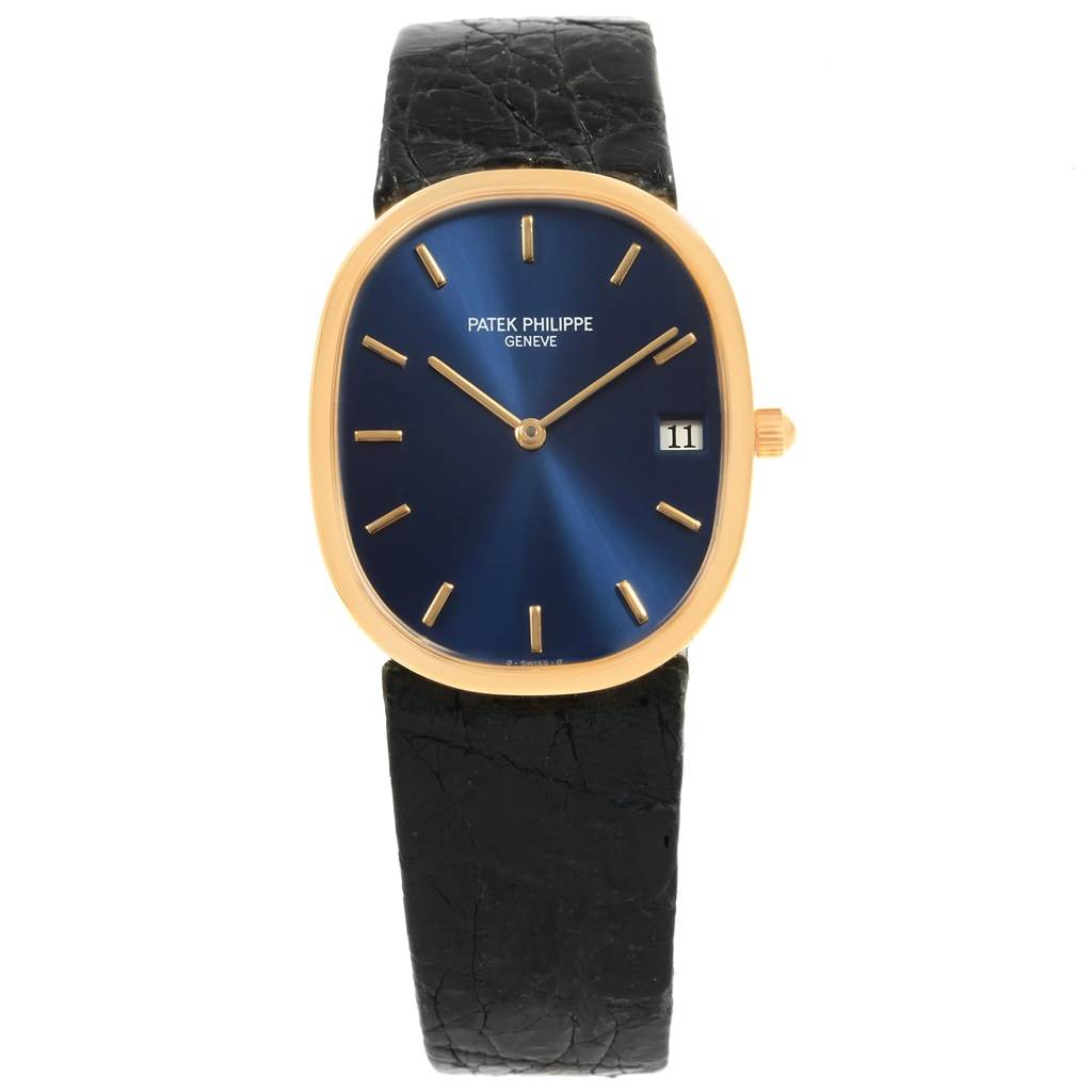 The image shows a front view of the Patek Philippe Golden Ellipse 3788 Men's Yellow Gold Blue Dial 3788 Men's Yellow Gold Blue Dial watch, detailing the dial, case, strap, and date window.
