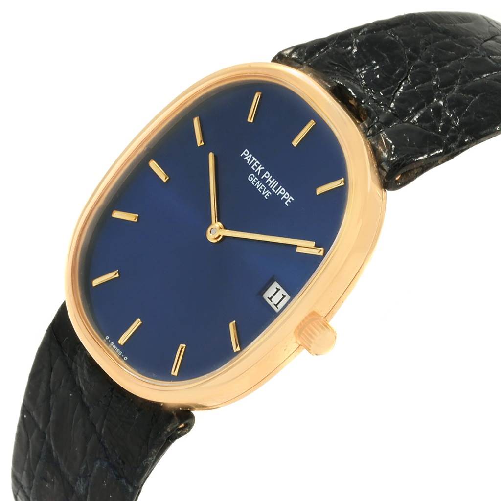This image shows a Patek Philippe Golden Ellipse 3788 Men's Yellow Gold Blue Dial 3788 Men's Yellow Gold Blue Dial watch at an angled view, highlighting its face, hands, date, crown, and strap.