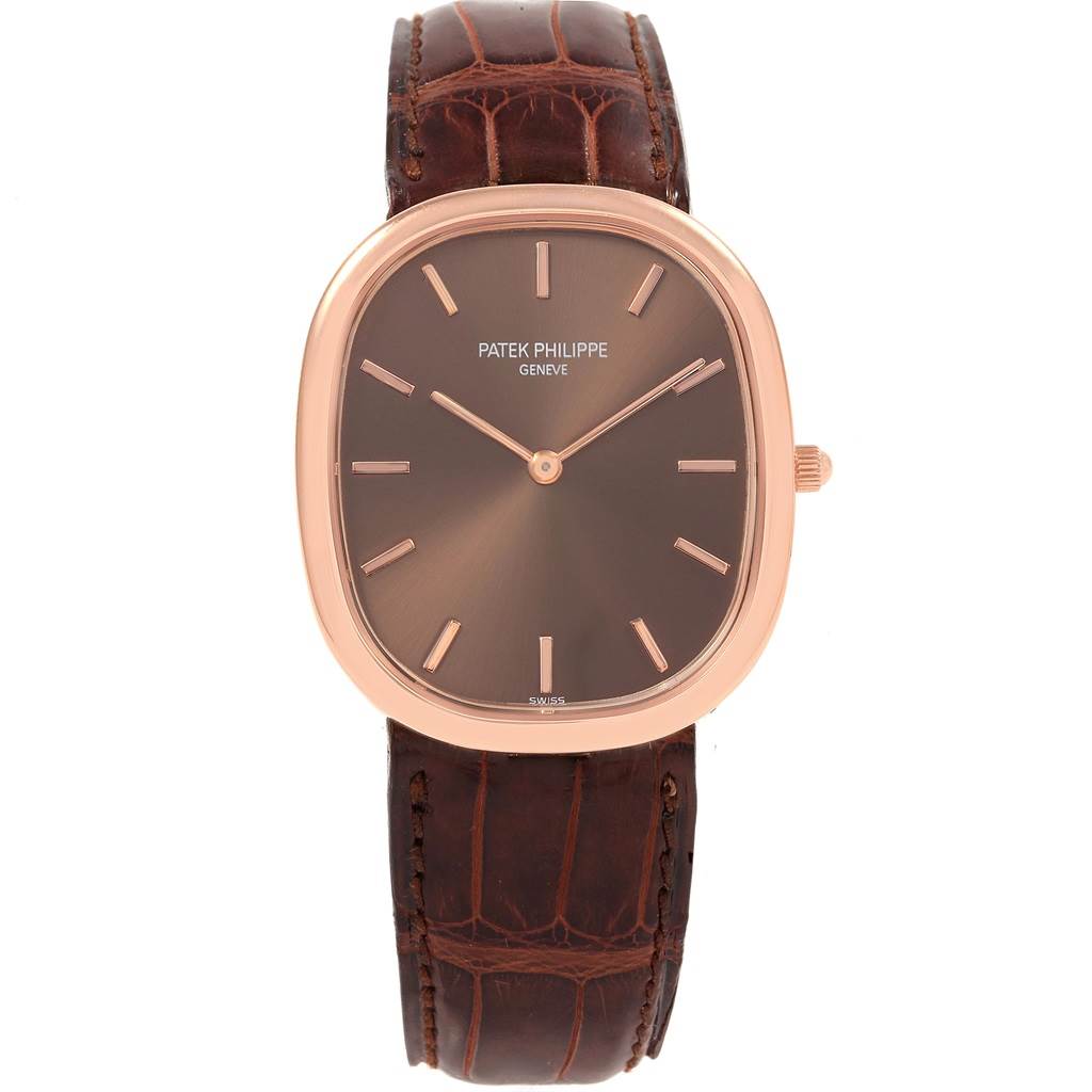 This image shows a front view of the Patek Philippe Golden Ellipse 3738 Men's Rose Gold Brown Dial 3738 Men's Rose Gold Brown Dial watch with a brown leather strap and a gold case.