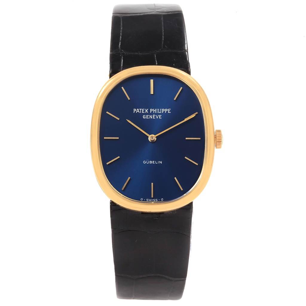 The image shows a front view of the Patek Philippe Golden Ellipse 3848 Men's Yellow Gold Blue Dial 3848 Men's Yellow Gold Blue Dial watch, highlighting its face, bezel, and strap.