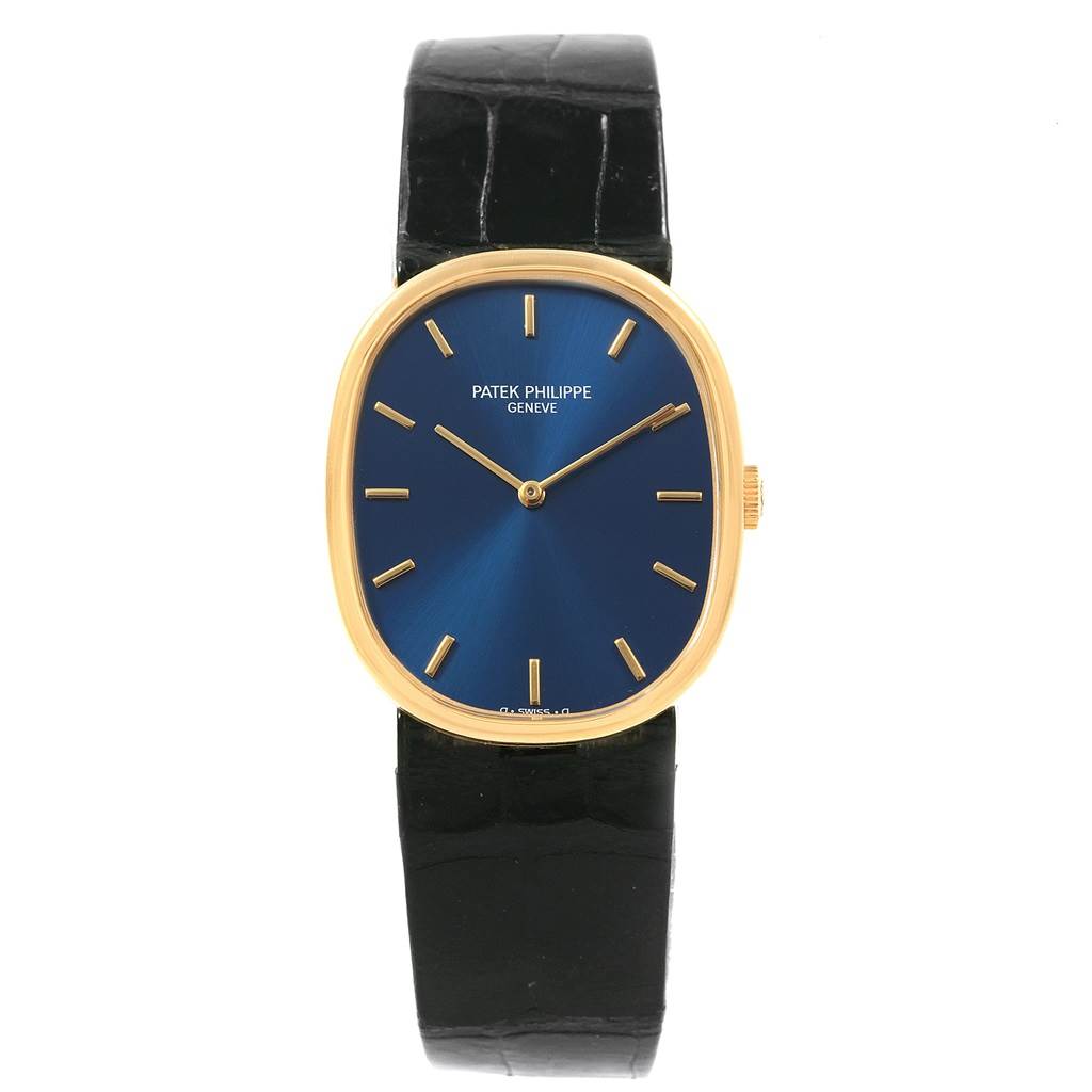 The image shows a frontal view of a Patek Philippe Golden Ellipse 3848 Men's Yellow Gold Blue Dial 3848 Men's Yellow Gold Blue Dial watch, featuring a blue dial, gold case, and black strap.