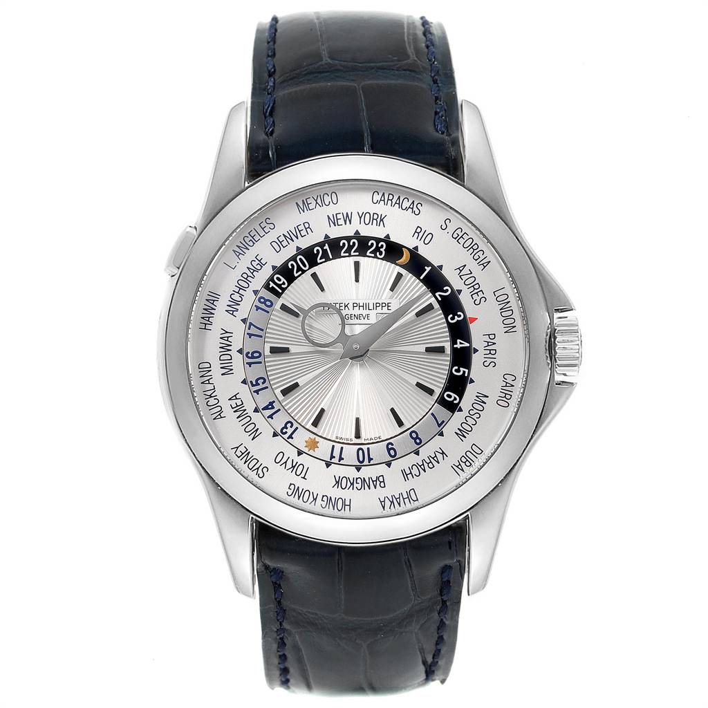 The image shows a frontal view of the Patek Philippe Complications 5130G Men's White Gold Silver Dial 5130G Men's White Gold Silver Dial watch, featuring the dial and world time display.