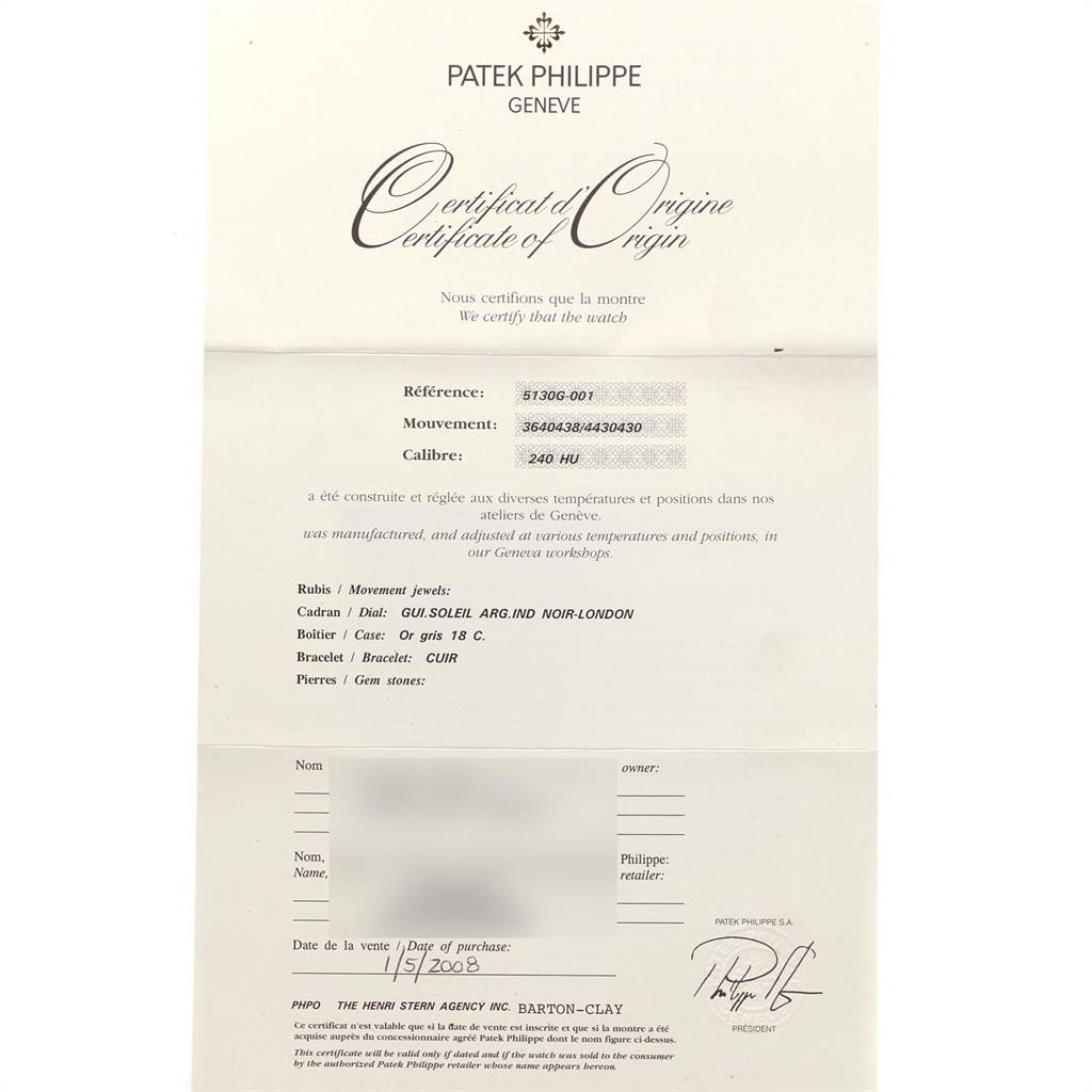 The image shows the Certificate of Origin for the Patek Philippe Complications 5130G Men's White Gold Silver Dial 5130G Men's White Gold Silver Dial model, providing reference, movement, and caliber details.