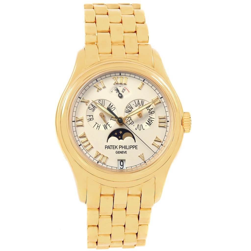 This is a frontal view of the Patek Philippe 5036 Men's Yellow Gold White Dial 5036 Men's Yellow Gold White Dial Annual Calendar Moonphase Yellow Gold Men's Watch 5036, showing the dial and bracelet.