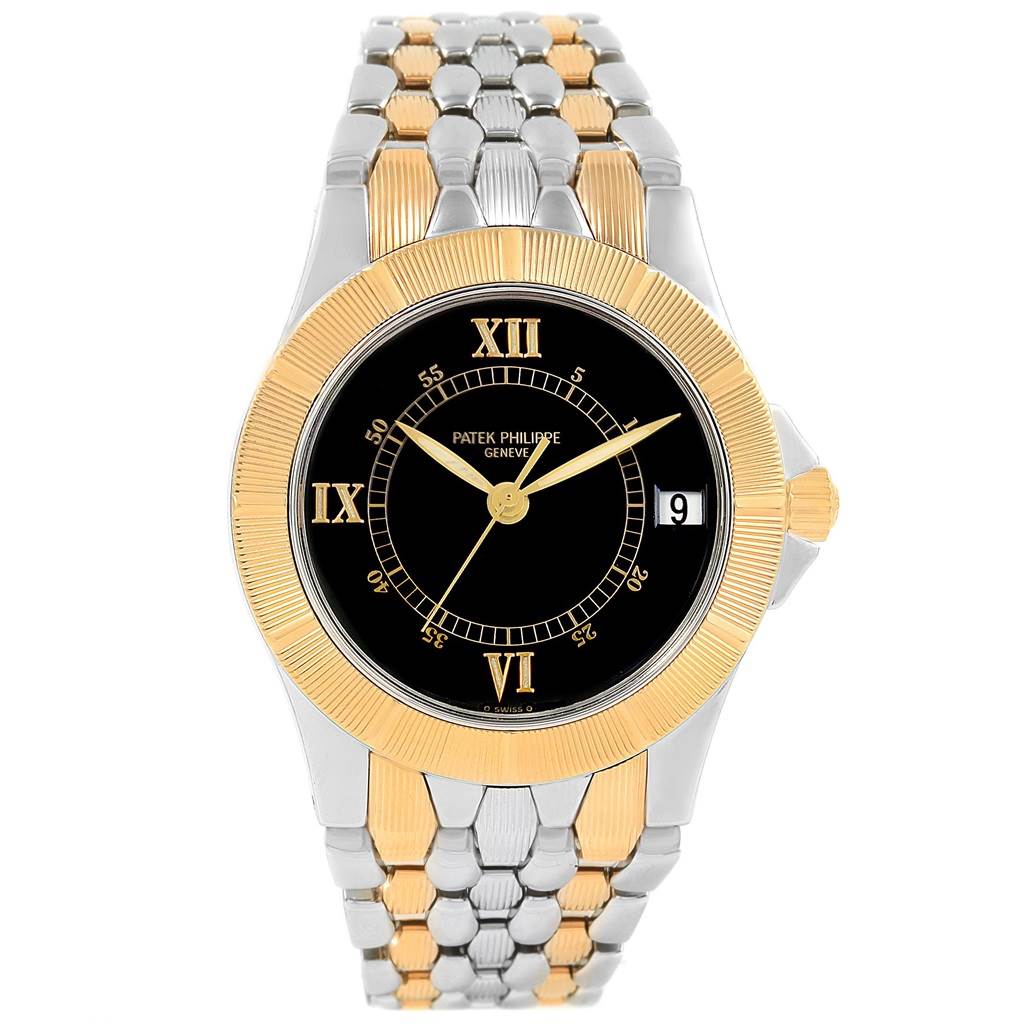 This image shows a frontal view of a Patek Philippe Neptune 5080/I JA Men's Steel and Gold (two tone) Black Dial 5080/I JA Men's Steel and Gold (two tone) Black Dial model watch, highlighting the dial and two-tone bracelet.
