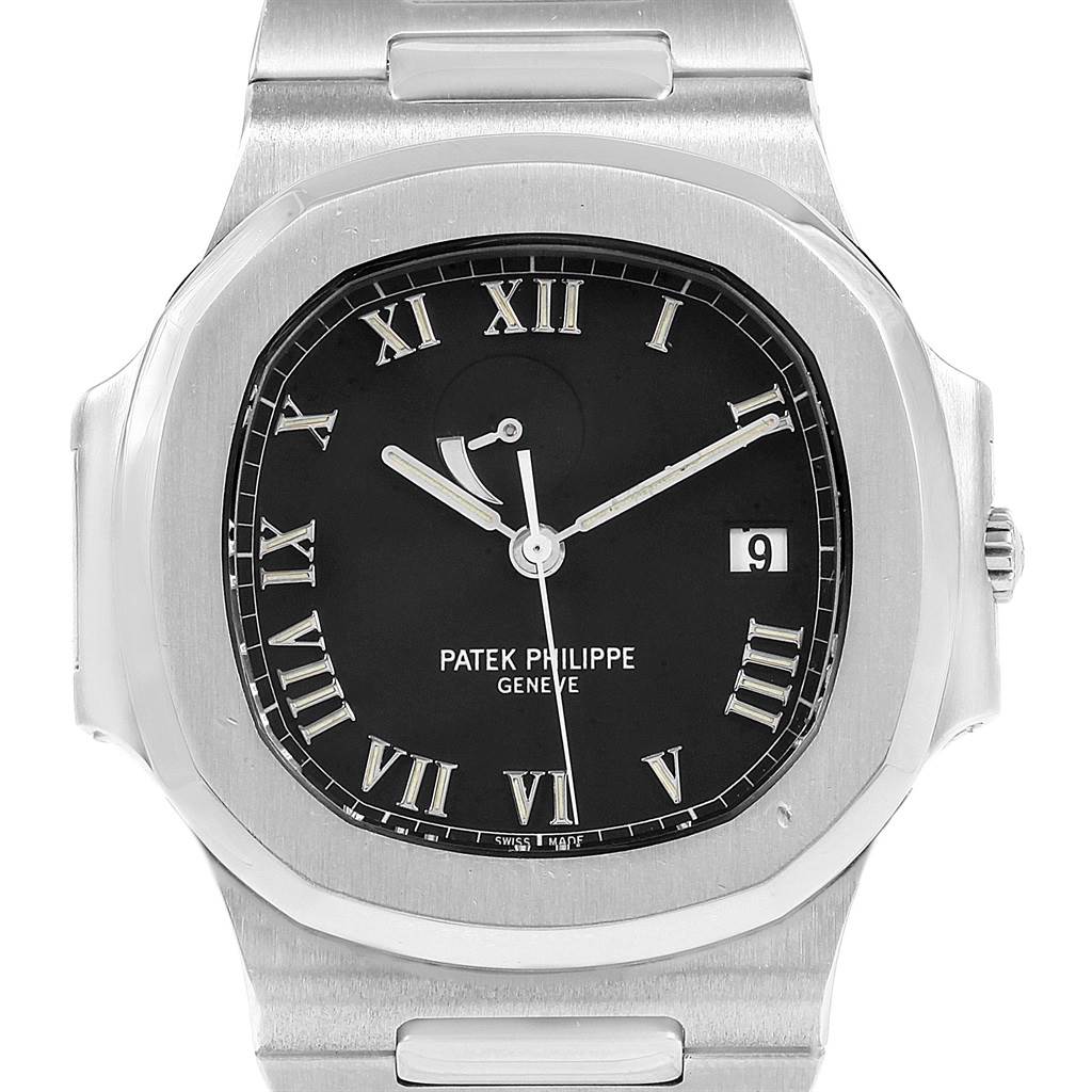 This image shows a frontal view of the face and part of the band of a Patek Philippe Nautilus 3710/1A Men's Stainless Steel Black Dial 3710/1A Men's Stainless Steel Black Dial watch.