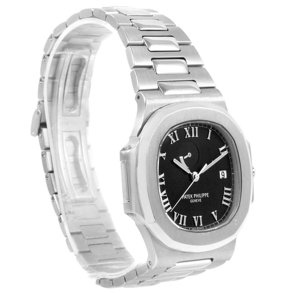 The image shows a side three-quarter view of a Patek Philippe Nautilus 3710/1A Men's Stainless Steel Black Dial 3710/1A Men's Stainless Steel Black Dial watch, including its face, strap, and clasp.