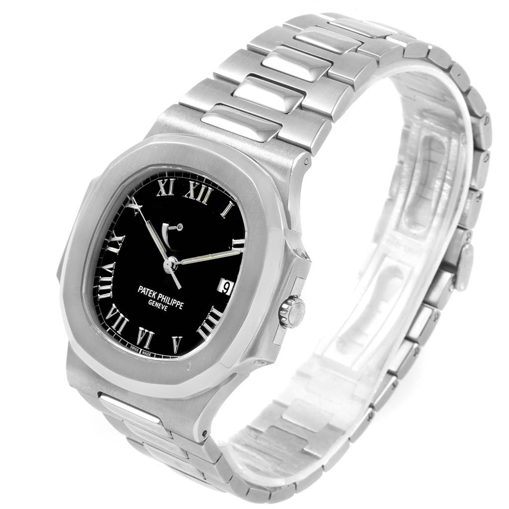 The image shows a Patek Philippe Nautilus 3710/1A Men's Stainless Steel Black Dial 3710/1A Men's Stainless Steel Black Dial watch angled to display the face, bezel, and bracelet.
