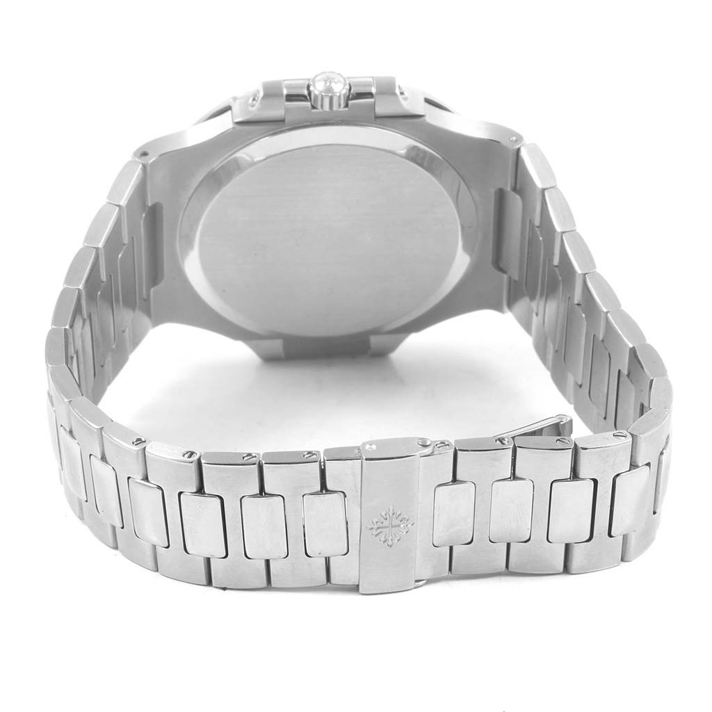 The image shows the rear view of a Patek Philippe Nautilus 3710/1A Men's Stainless Steel Black Dial 3710/1A Men's Stainless Steel Black Dial watch, emphasizing its steel back and bracelet.