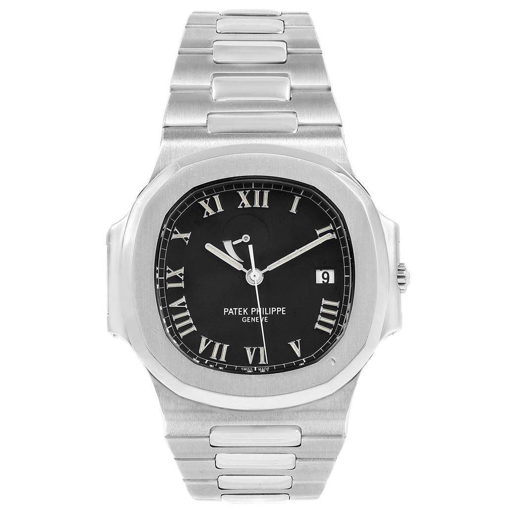The image shows a front view of the Patek Philippe Nautilus 3710/1A Men's Stainless Steel Black Dial 3710/1A Men's Stainless Steel Black Dial watch, displaying the dial, hands, and part of the bracelet.