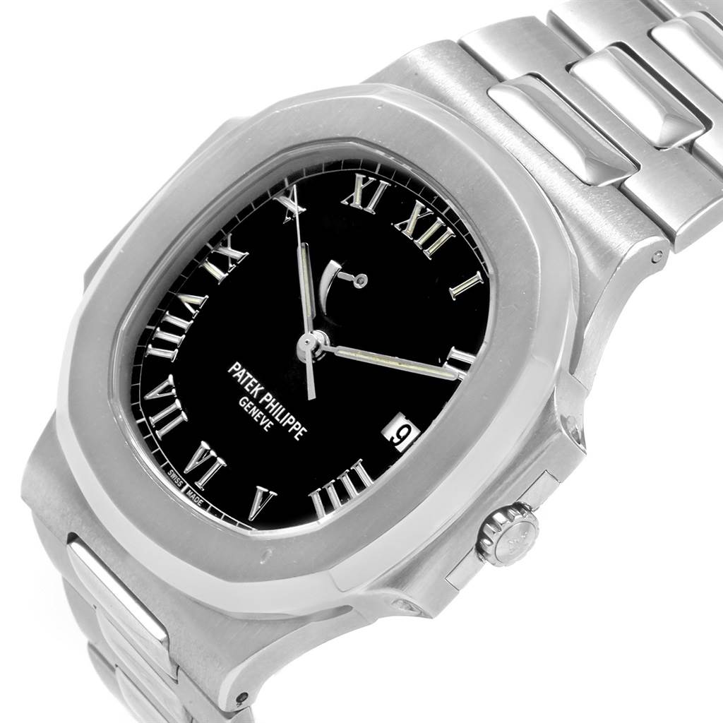 This image shows a side angle of the Patek Philippe Nautilus 3710/1A Men's Stainless Steel Black Dial 3710/1A Men's Stainless Steel Black Dial watch, highlighting the face, bezel, crown, and part of the bracelet.