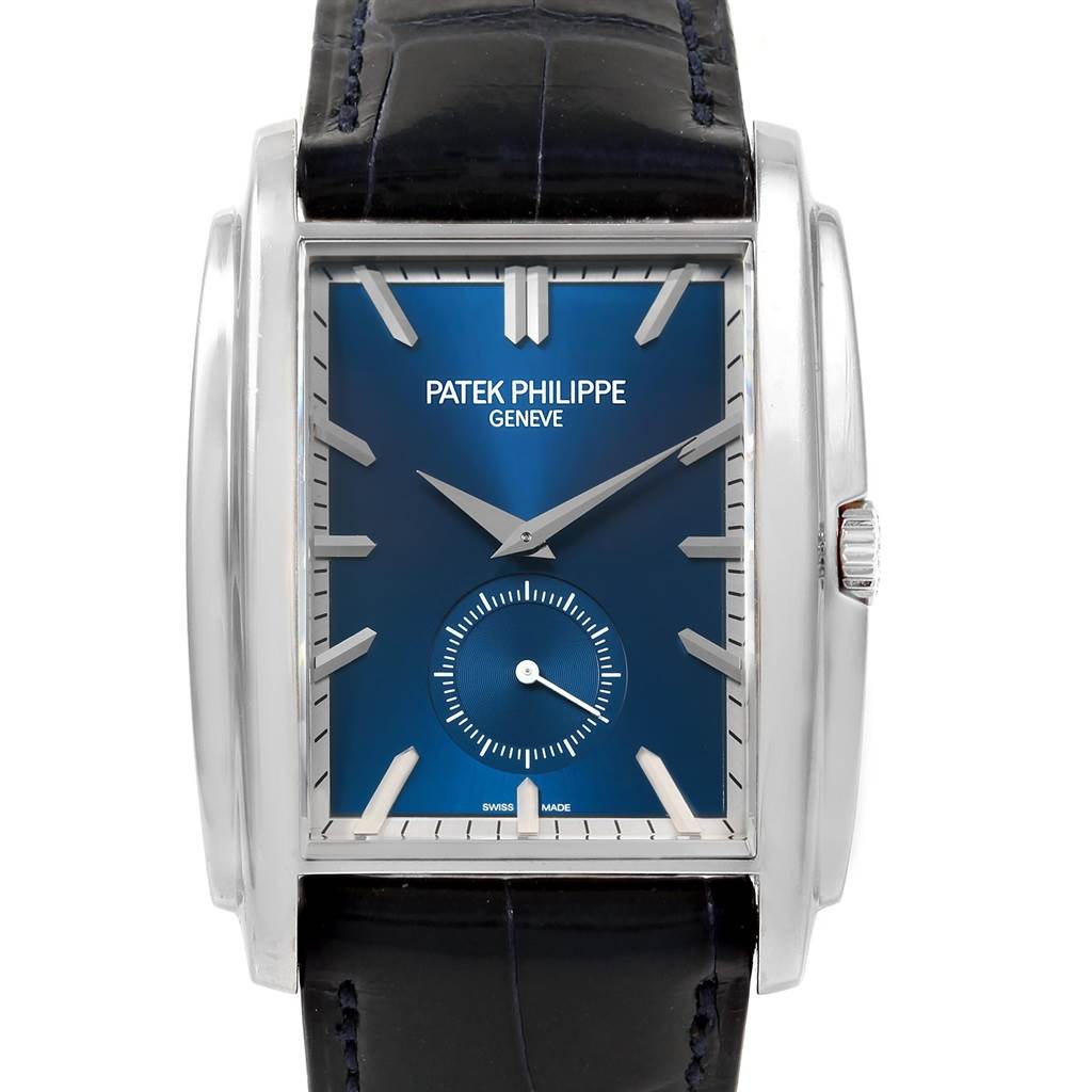 This image features a straight-on view of a Patek Philippe Gondolo 5124G Men's White Gold Blue Dial 5124G Men's White Gold Blue Dial watch, showing its blue face, silver markers, and black leather strap.