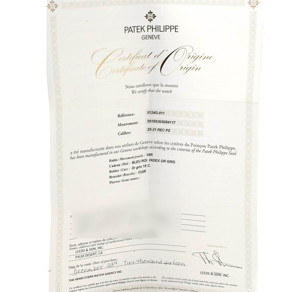 This image shows the Certificate of Origin for the Patek Philippe Gondolo 5124G Men's White Gold Blue Dial 5124G Men's White Gold Blue Dial watch, containing reference, movement, and purchase details.