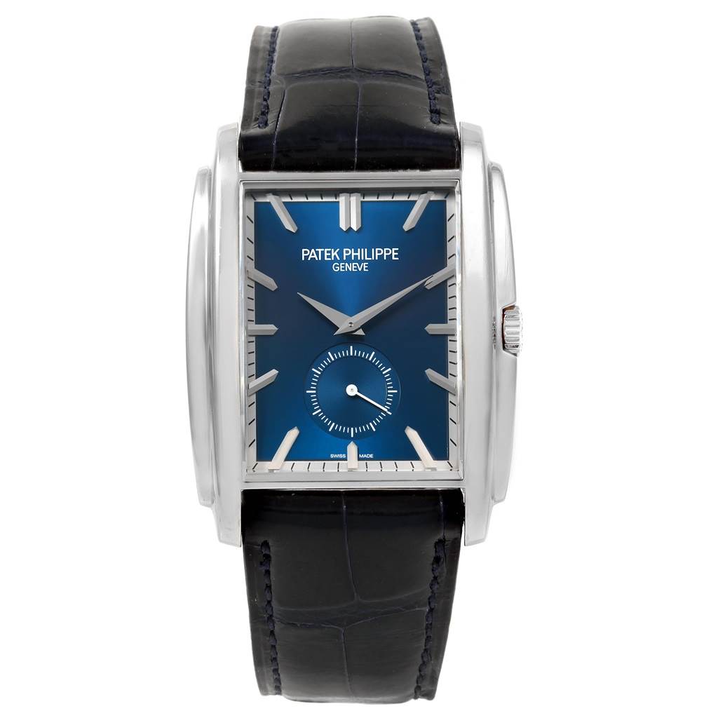 This image shows a frontal view of the Patek Philippe Gondolo 5124G Men's White Gold Blue Dial 5124G Men's White Gold Blue Dial watch displaying its blue dial and black leather strap.