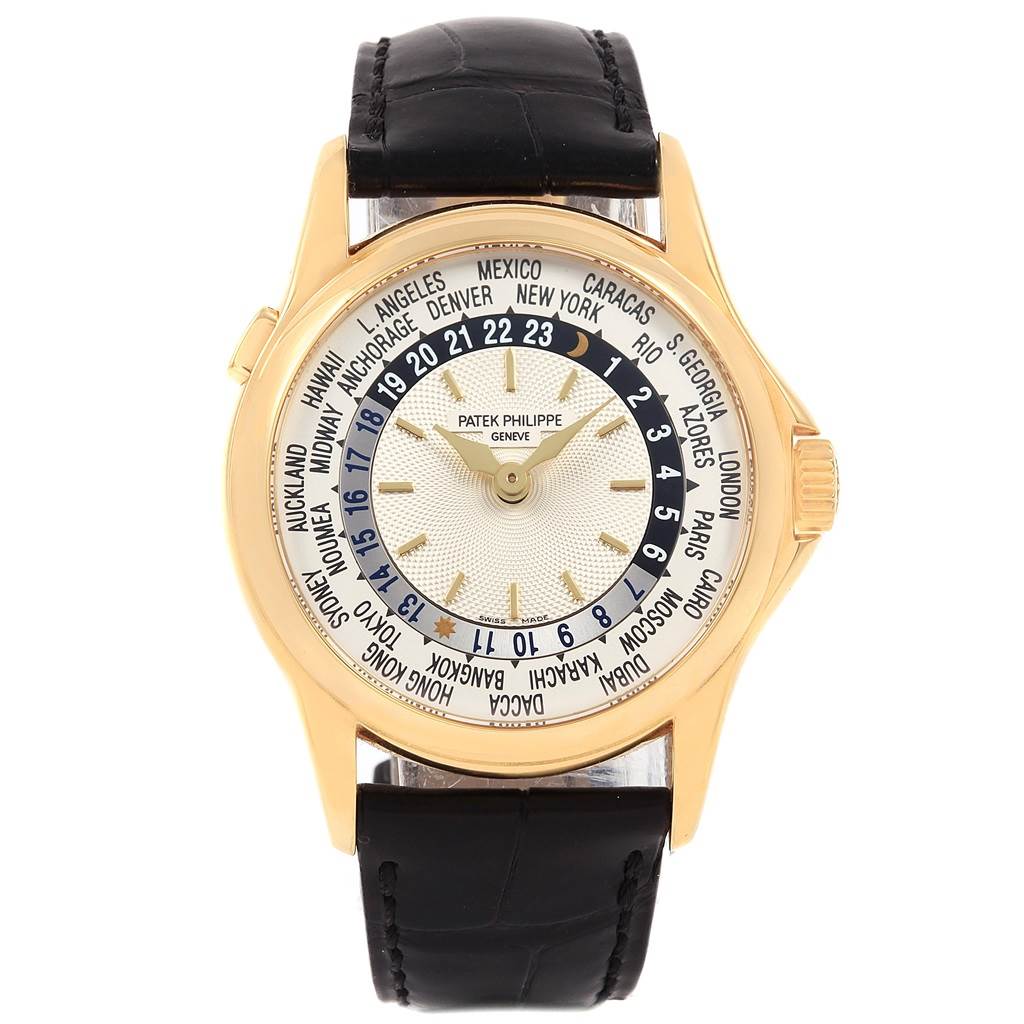 This image shows a front view of a Patek Philippe Complications 5110J Men
s Yellow Gold Silver Dial 5110J Men
s Yellow Gold Silver Dial model watch, showcasing its dial and leather strap.