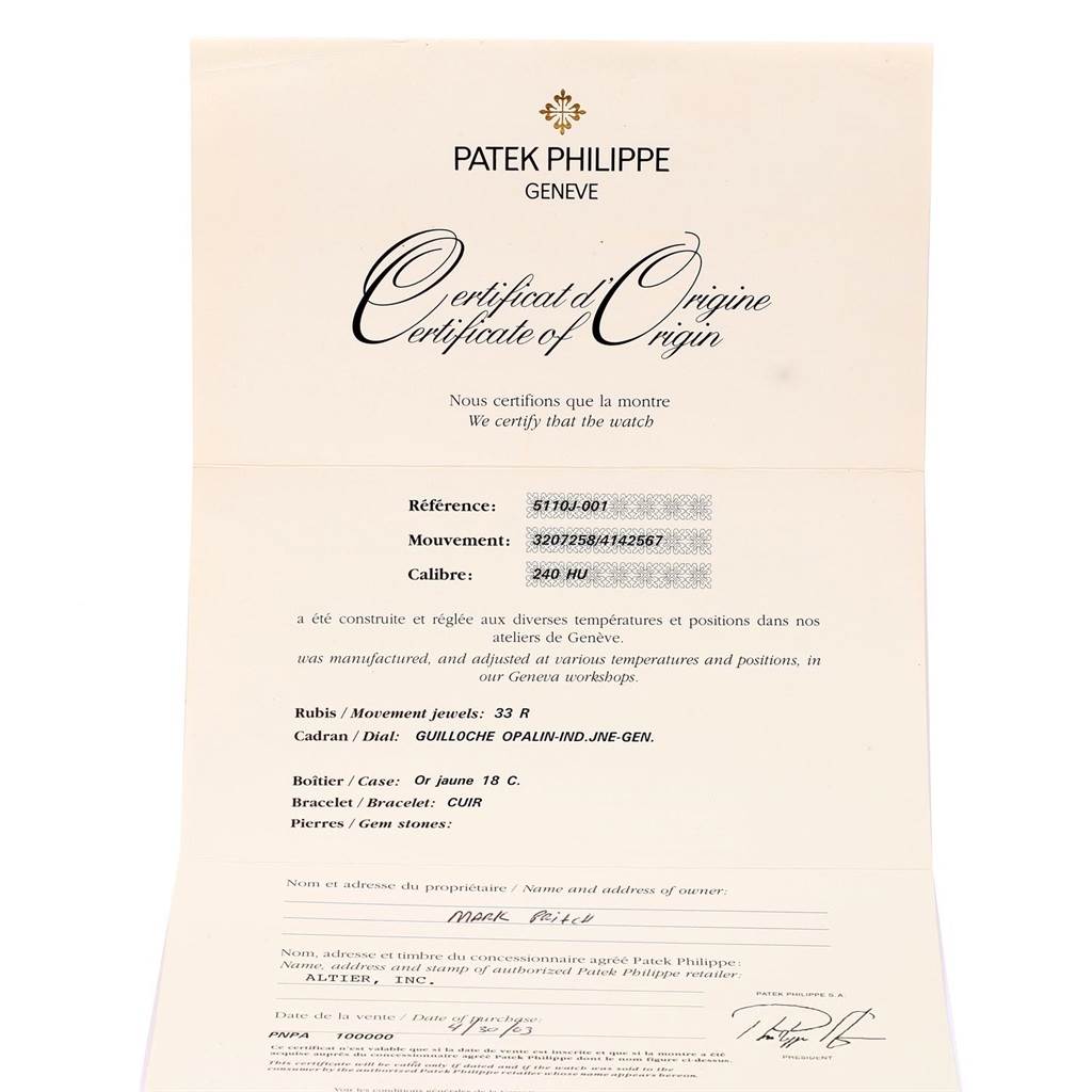 The image shows a Certificate of Origin for a Patek Philippe Complications 5110J Men
s Yellow Gold Silver Dial 5110J Men
s Yellow Gold Silver Dial model with reference 5110J-001, displaying movement and calibre details.