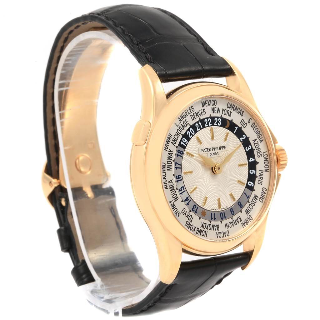 This image shows a side-angle view of a Patek Philippe Complications 5110J Men
s Yellow Gold Silver Dial 5110J Men
s Yellow Gold Silver Dial watch, highlighting its face, bezel, and black leather strap.