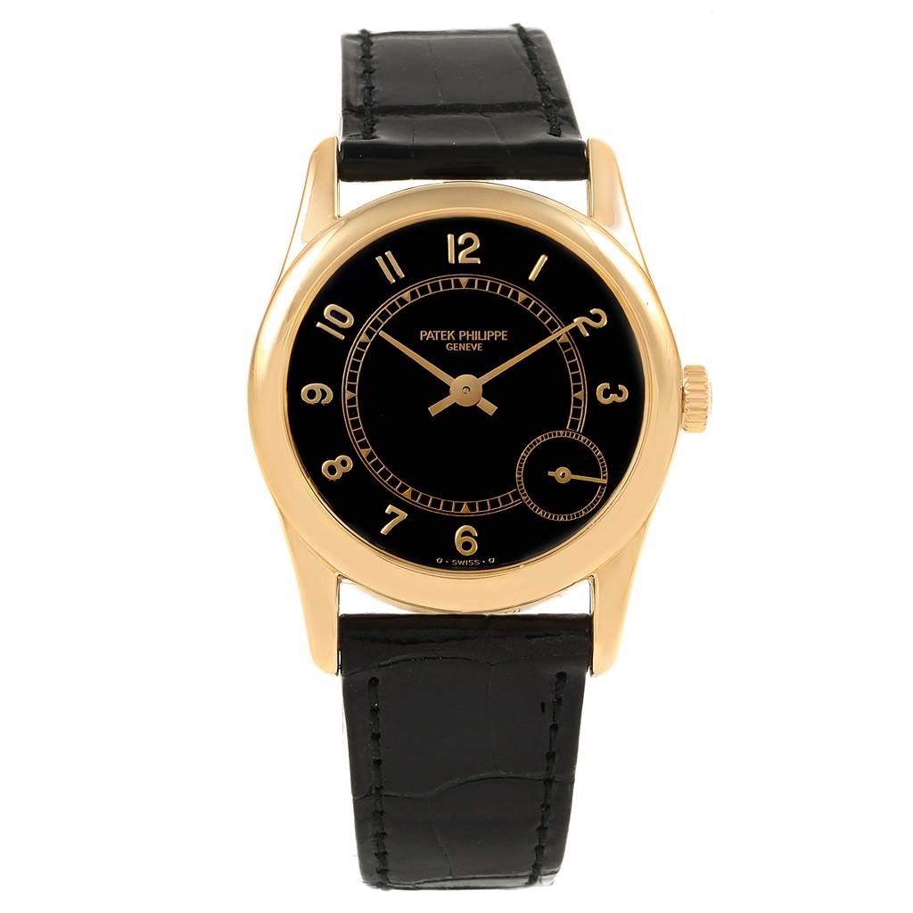 The image shows a front view of a Patek Philippe Calatrava 5000J Men's Yellow Gold Black Dial 5000J Men's Yellow Gold Black Dial watch with a black dial and leather strap.