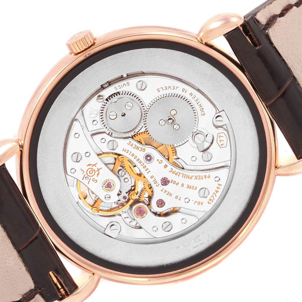 This image shows the back view of the Patek Philippe Vintage model watch, revealing its internal mechanical components.