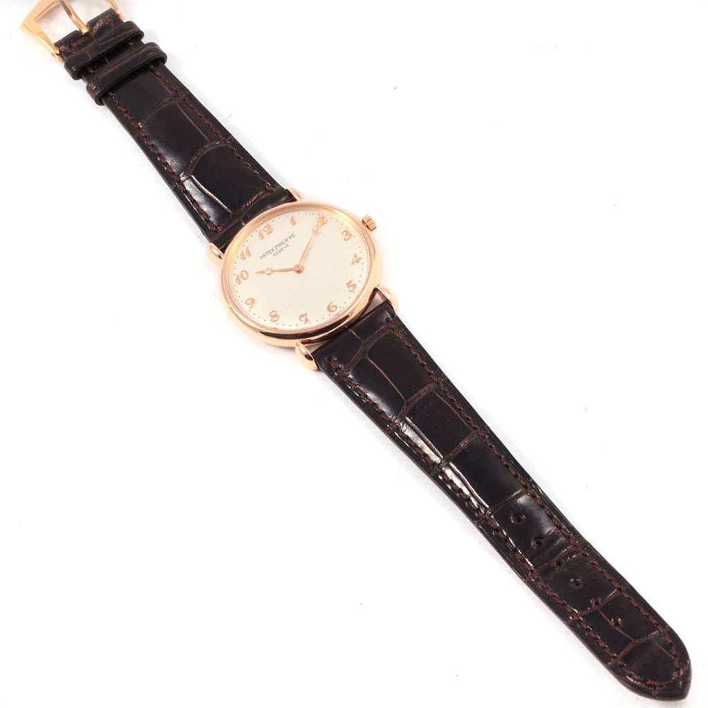 The image shows a Patek Philippe Vintage model watch, viewed from above, featuring its face, leather strap, and buckle.