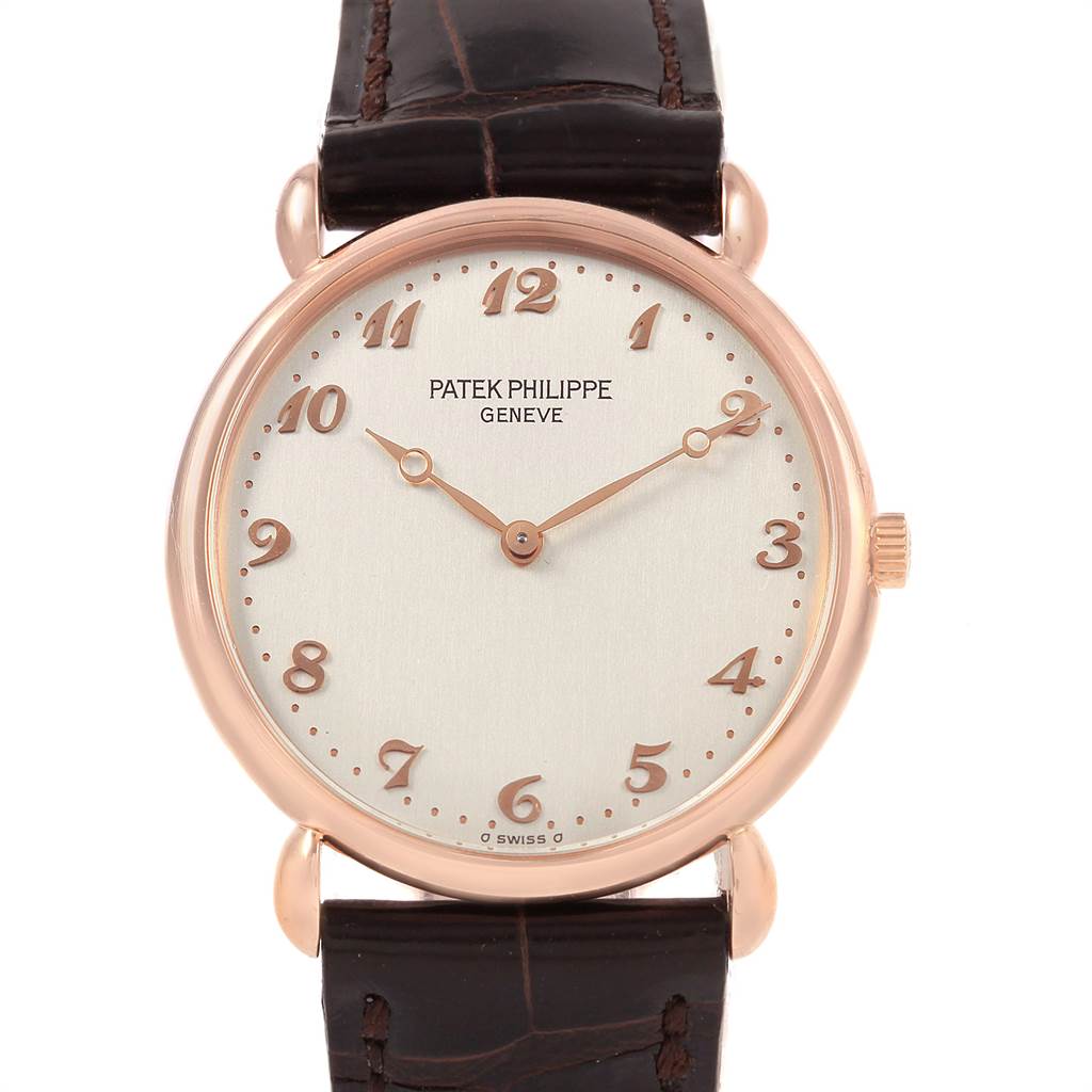 The image shows a front view of the Patek Philippe Calatrava 3820 Men's Rose Gold Silver Dial 3820 Men's Rose Gold Silver Dial watch, displaying the face and part of the leather strap.