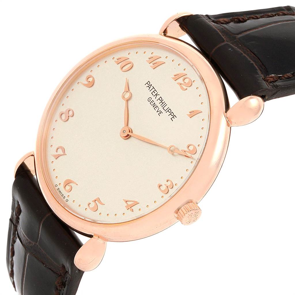 The image shows a close-up angled view of the dial, case, crown, and strap of a Vintage Patek Philippe watch.