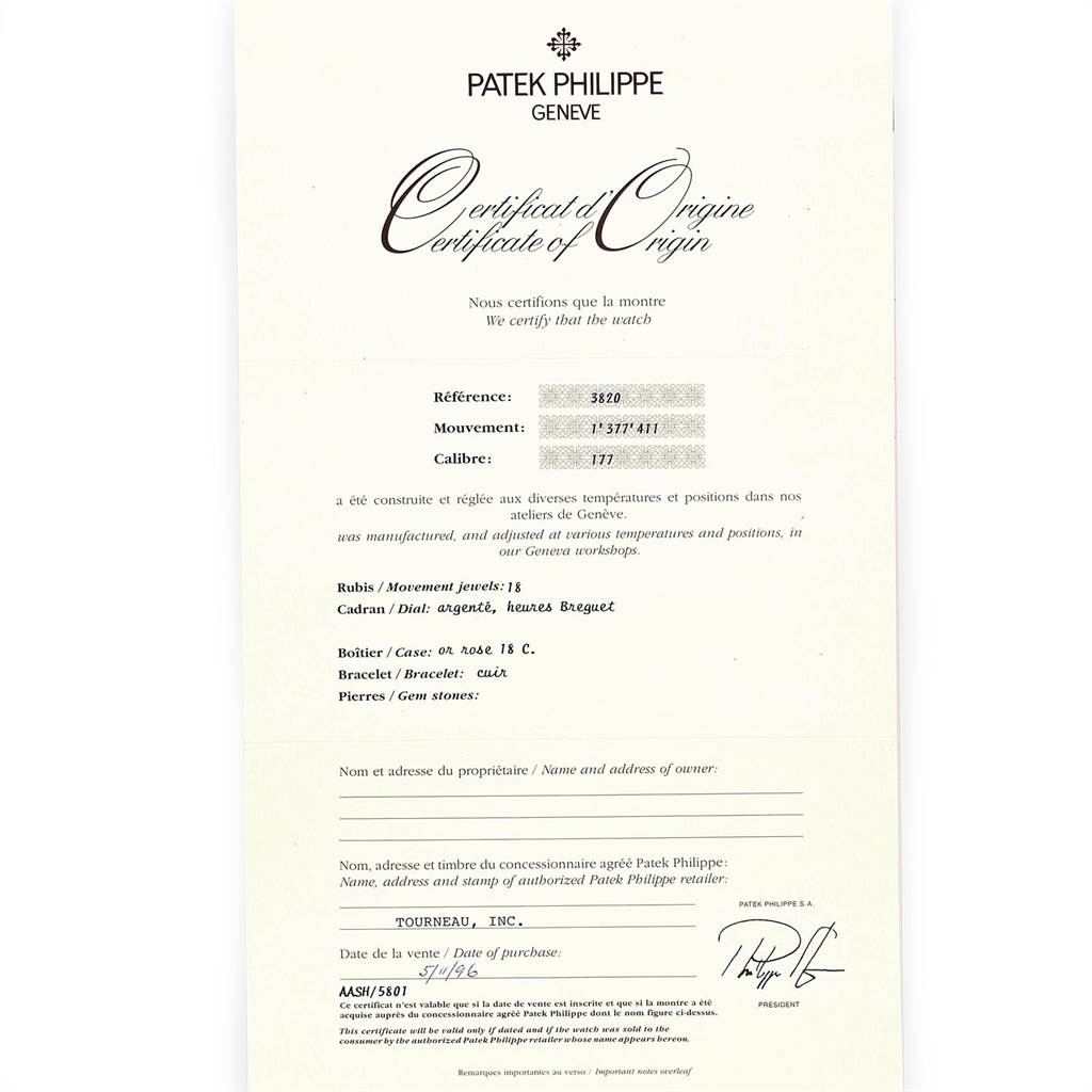 The image shows a Certificate of Origin for the Vintage Patek Philippe watch, model 3820.
