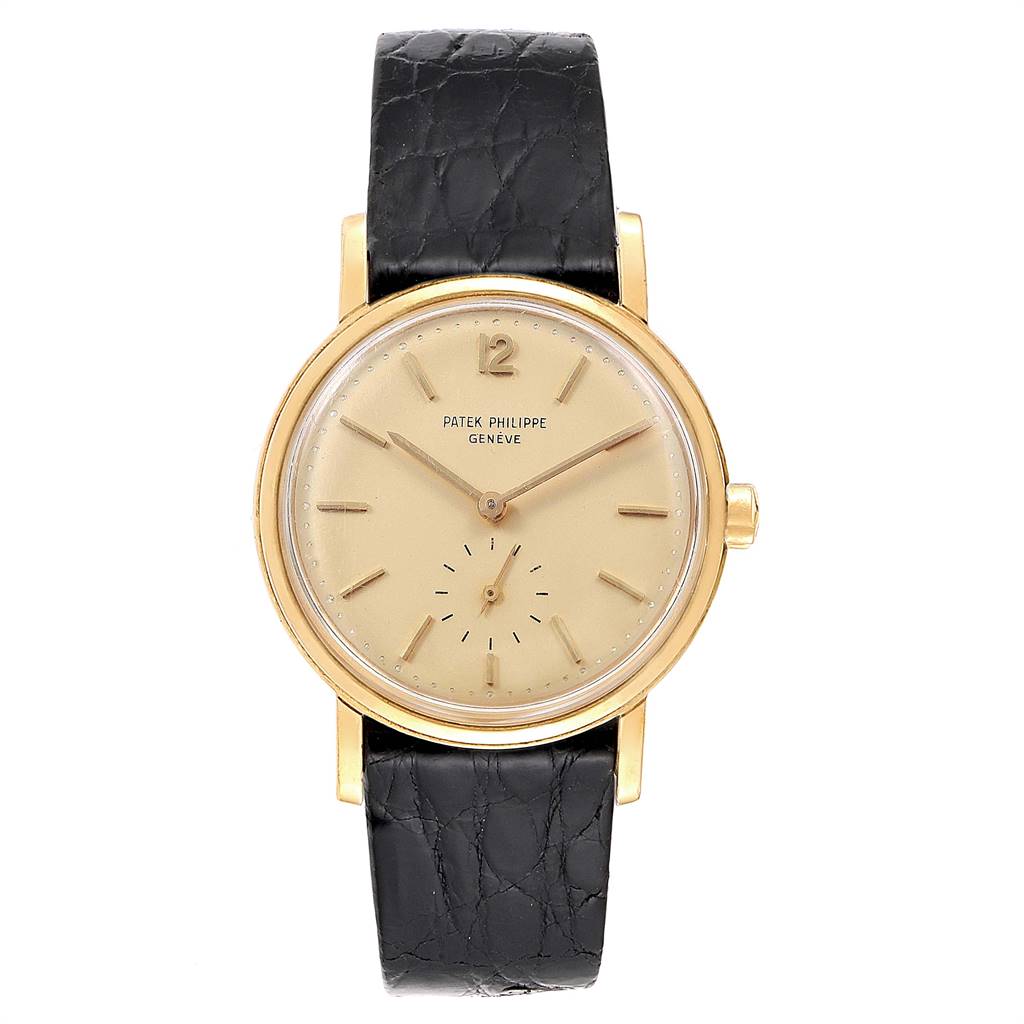 The image shows a front view of a Vintage Patek Philippe watch with a gold case and black leather strap.