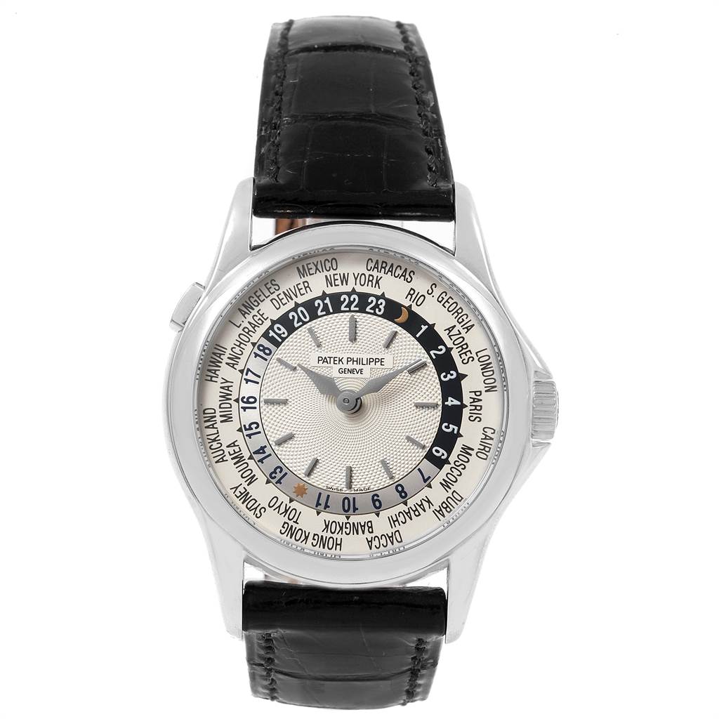 The image shows a frontal view of the Patek Philippe Complications 5110G Men
s White Gold Silver Dial 5110G Men
s White Gold Silver Dial watch, highlighting its dial and leather strap.