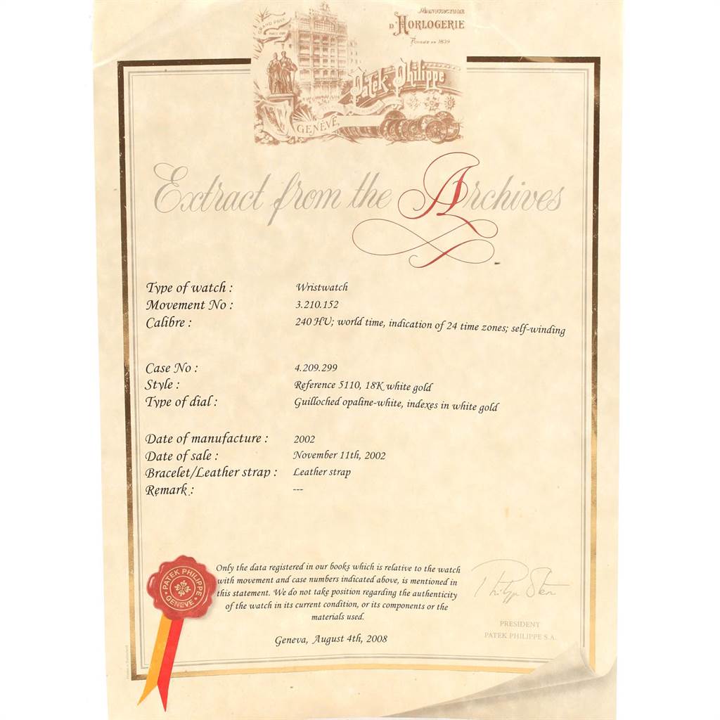 The image shows a document titled "Extract from the Archives" for a Patek Philippe Complications 5110G Men
s White Gold Silver Dial 5110G Men
s White Gold Silver Dial model wristwatch, Reference 5110.