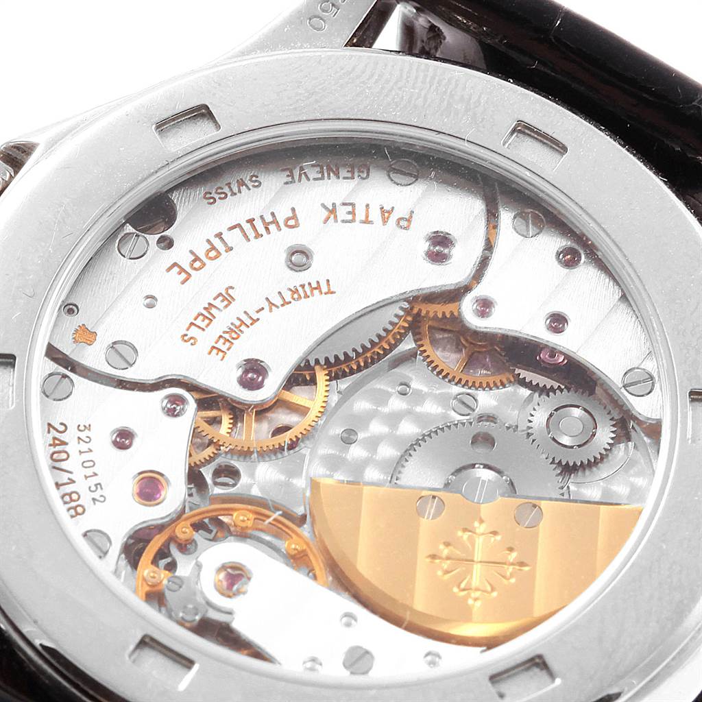 The image shows the intricate back view of the movement mechanism of the Patek Philippe Complications 5110G Men
s White Gold Silver Dial 5110G Men
s White Gold Silver Dial model watch.