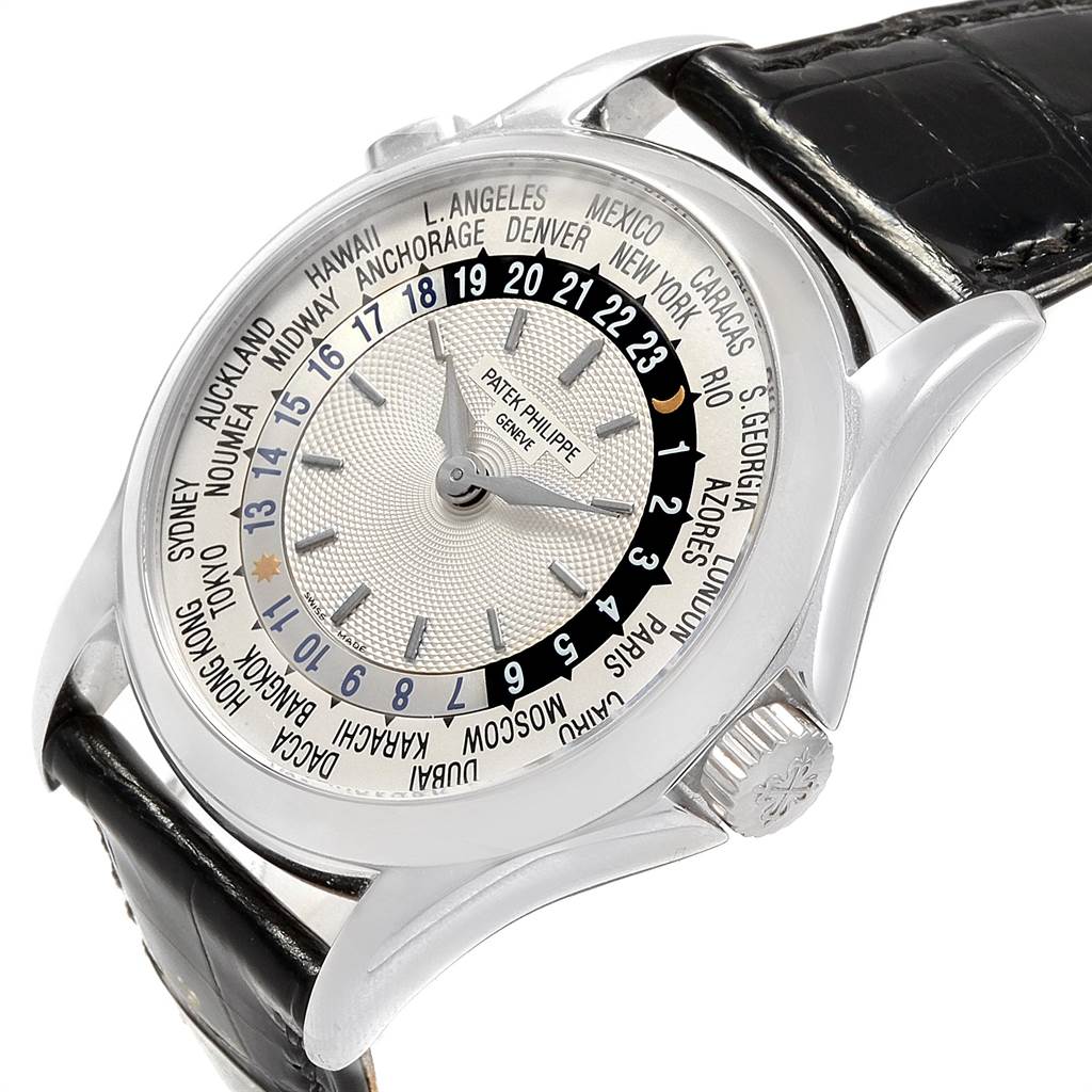 The image shows a close-up, angled view of the Patek Philippe Complications 5110G Men
s White Gold Silver Dial 5110G Men
s White Gold Silver Dial watch, displaying the face, case, and crown.