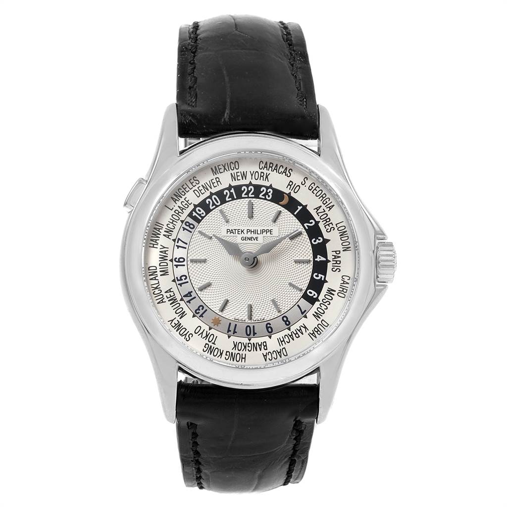 This image shows a front view of the Patek Philippe 5110G Men
s White Gold Silver Dial 5110G Men
s White Gold Silver Dial World Time Automatic White Gold Mens Watch 5110 with a black leather strap.