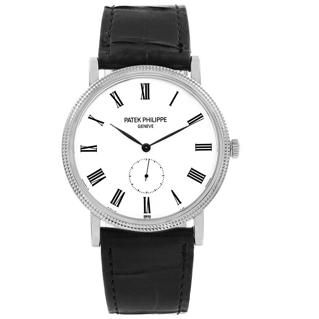 This image shows a frontal view of the Patek Philippe Calatrava 5119G Men's White Gold White Dial 5119G Men's White Gold White Dial watch, featuring a white dial with Roman numerals and a black leather strap.