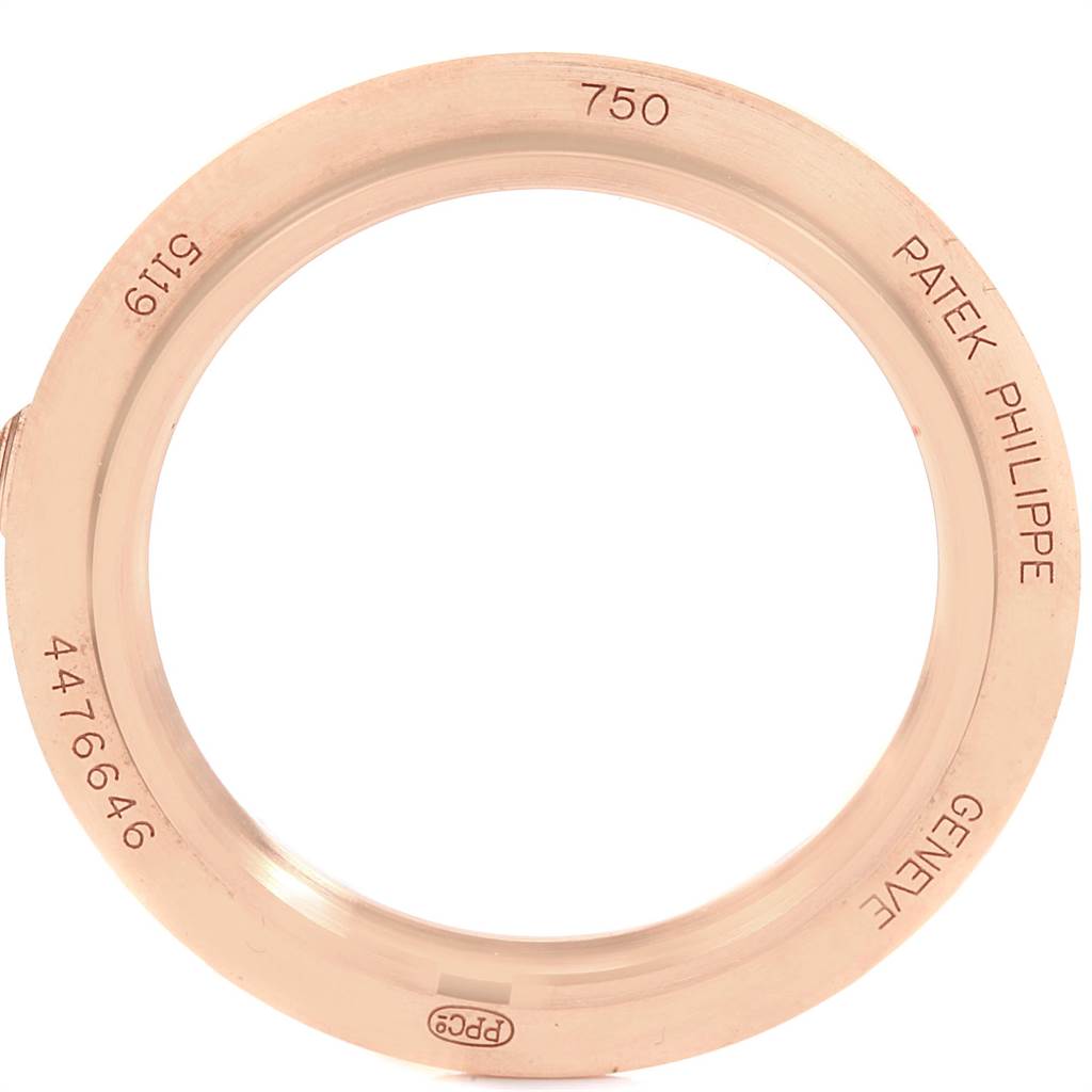 This image shows the back case ring of a Patek Philippe Calatrava 5119R Men's Rose Gold White Dial 5119R Men's Rose Gold White Dial model, viewed from a top-down angle.