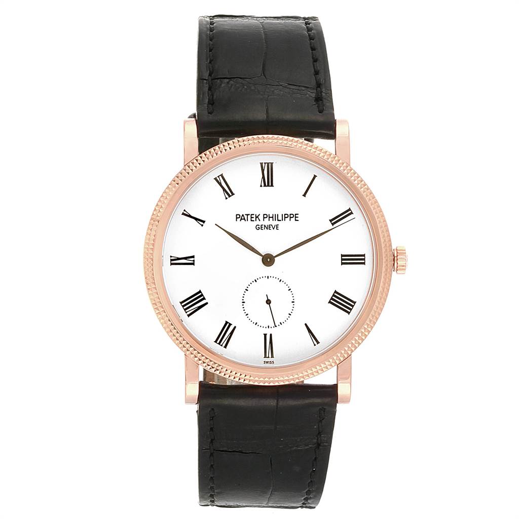 This image shows a front view of a Patek Philippe Calatrava 5119R Men's Rose Gold White Dial 5119R Men's Rose Gold White Dial watch with a white dial, black leather strap, and Roman numerals.