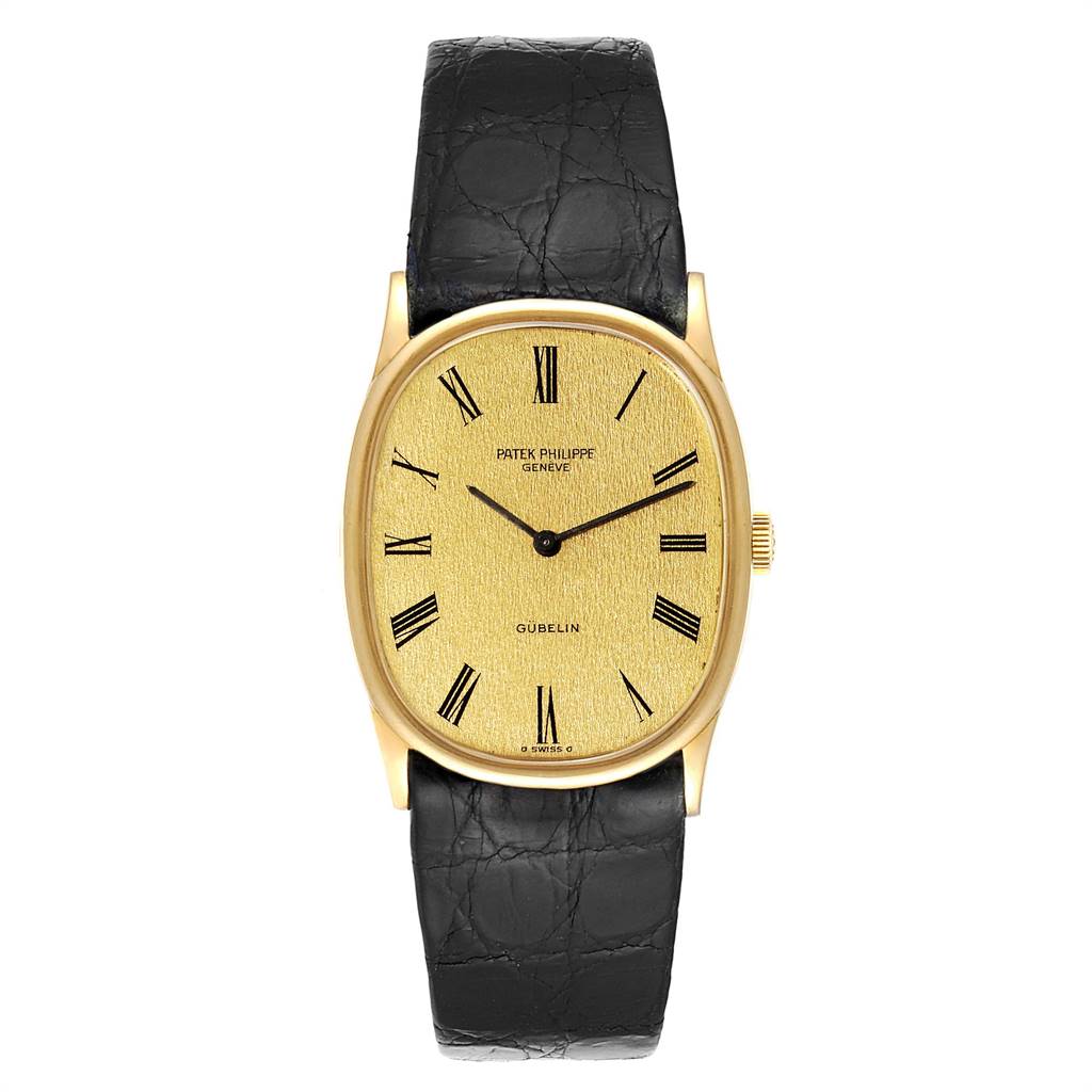 The image shows a front view of the Patek Philippe Golden Ellipse 3846 Men
s Yellow Gold Champagne Dial 3846 Men
s Yellow Gold Champagne Dial watch with a black leather strap.