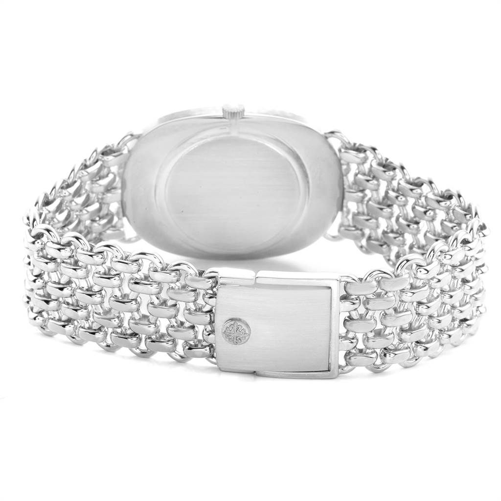 This image shows the back angle of the Patek Philippe Golden Ellipse 3577 Men's White Gold Silver Dial 3577 Men's White Gold Silver Dial watch, highlighting its case back and bracelet.
