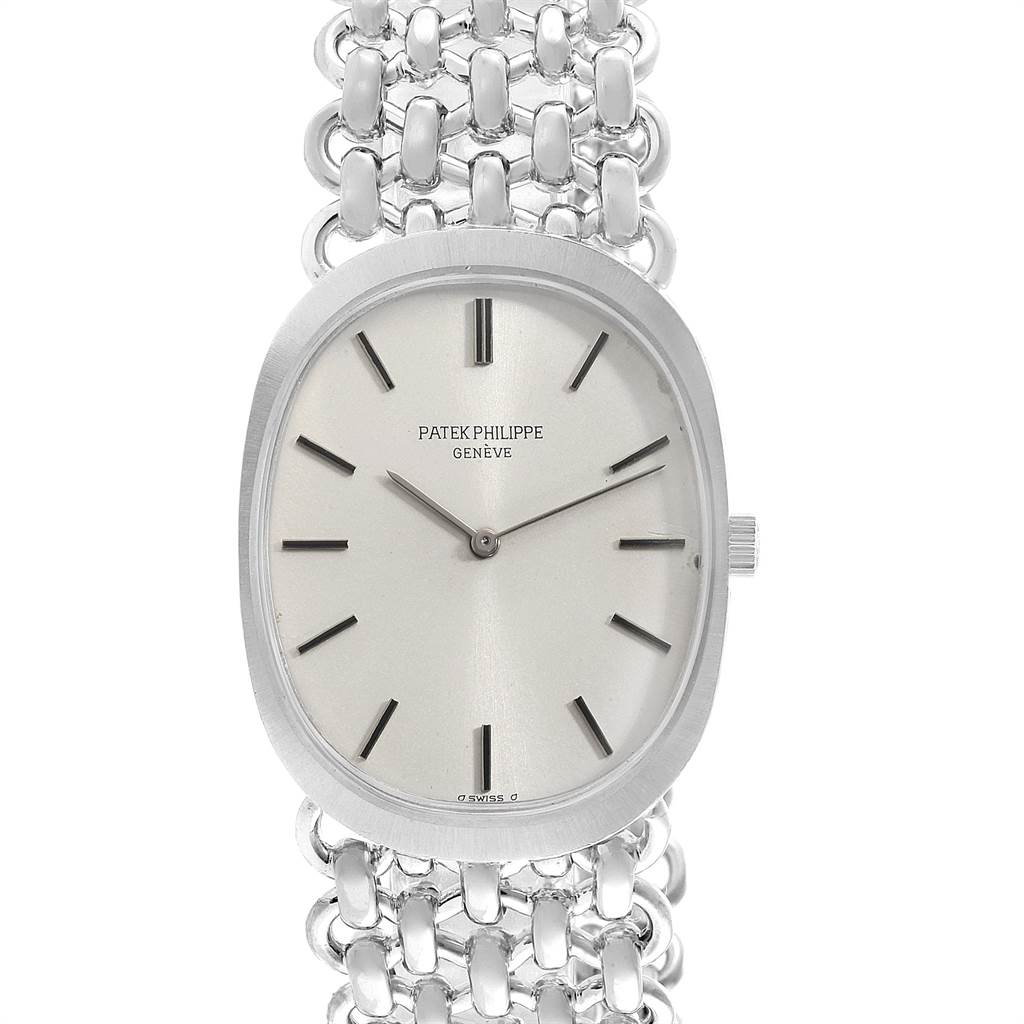 This image shows a front view of the Patek Philippe Golden Ellipse 3577 Men's White Gold Silver Dial 3577 Men's White Gold Silver Dial watch, highlighting its face and metal bracelet.