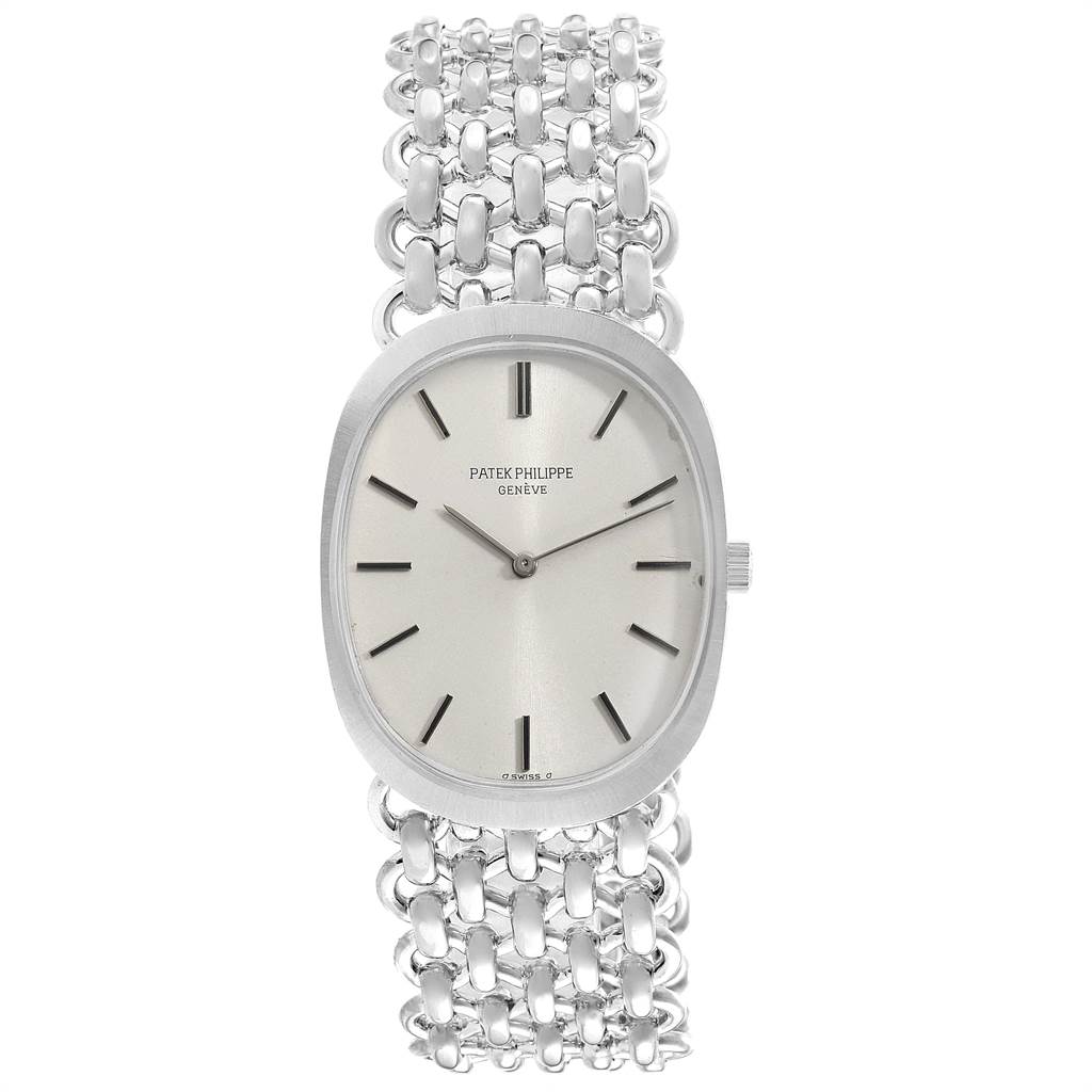 The image shows a frontal view of a Patek Philippe Golden Ellipse 3577 Men's White Gold Silver Dial 3577 Men's White Gold Silver Dial watch, displaying its face and metal bracelet.